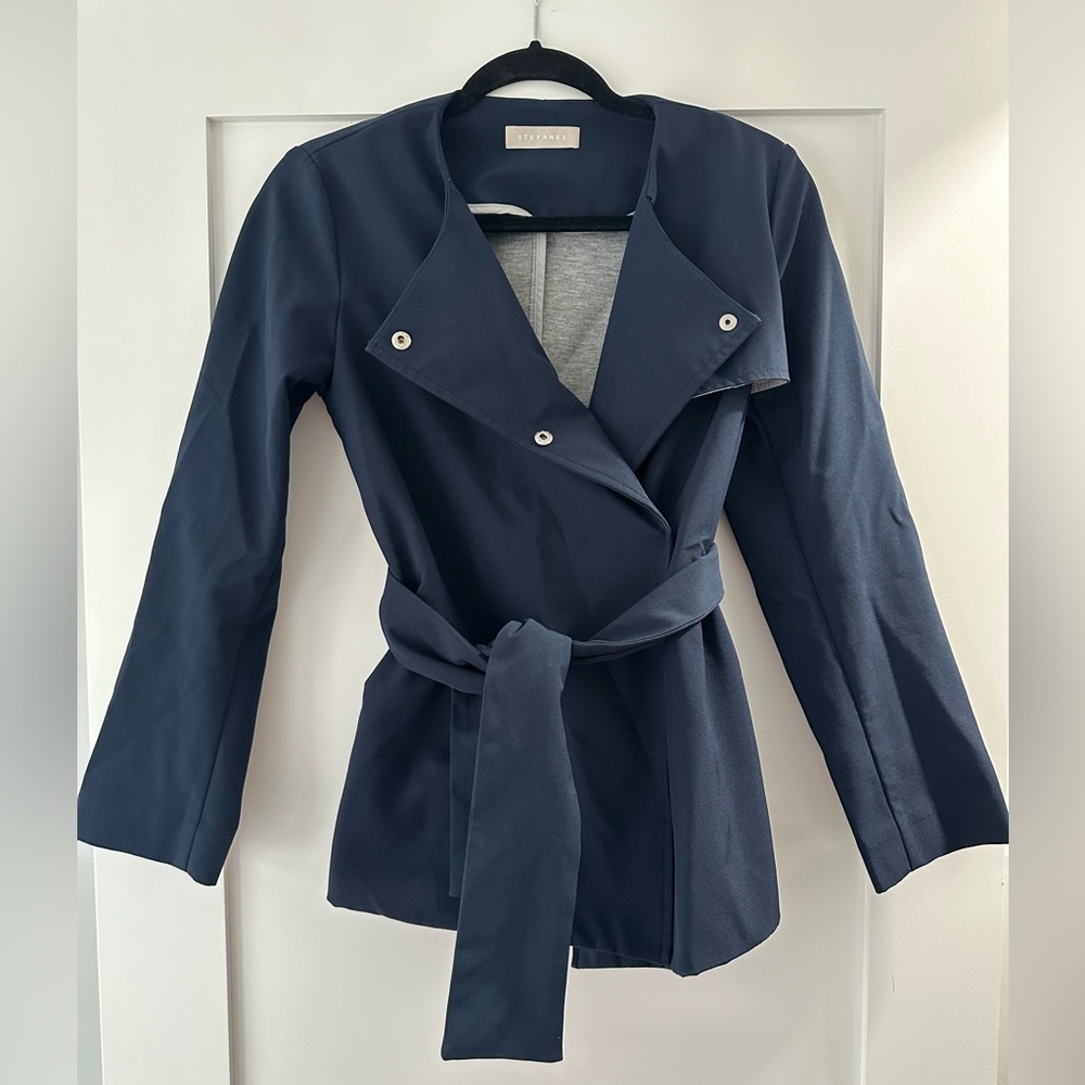 Short trench coat with waist belt - Navy Blue